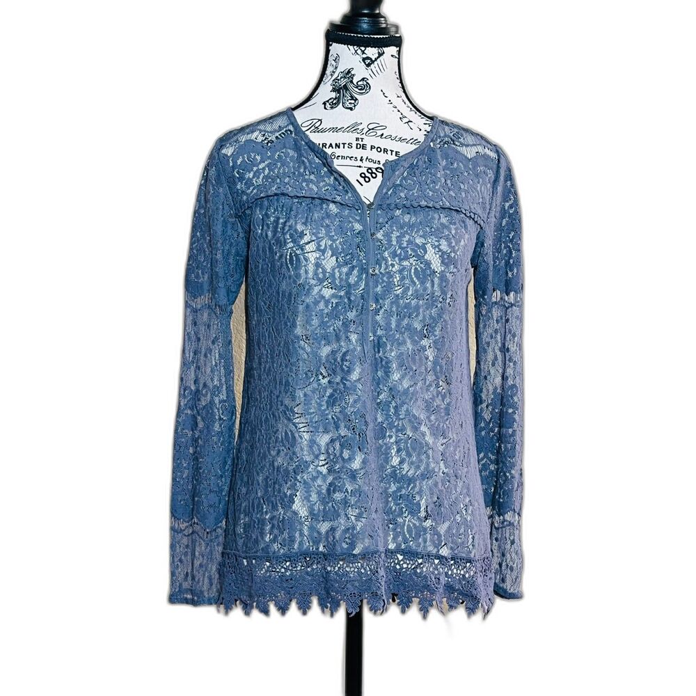 Unlabeled Denim Blue Lace Button Up Top S/M Cottage Fairy Whimsigoth